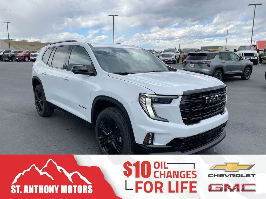 2026 GMC Acadia Elevation in Glacier White Tricoat — front three-quarter view